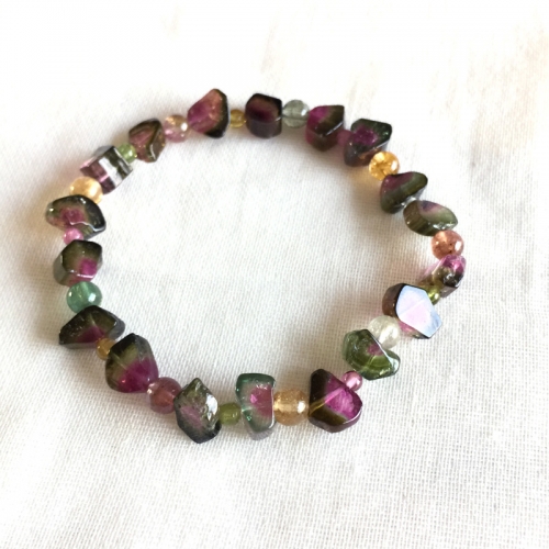 High Quality Brazil Natural Genuine Green Pink Red Yellow Watermelon Tourmaline Multi-color Bracelet Nugget Round beads 5x7mm 05166