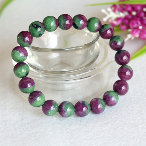 High Quality Natural Genuine Half Green Red Ruby Zoisit Stretch Bracelet Round beads 04353
