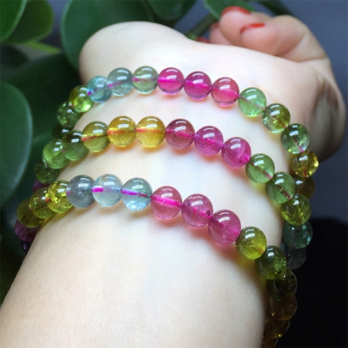 High Quality Natural Top Grade Genuine Clear Colorful Mix Tourmaline Multi-color Stretch Bracelet Round Beads Necklace 3 Turns 04444