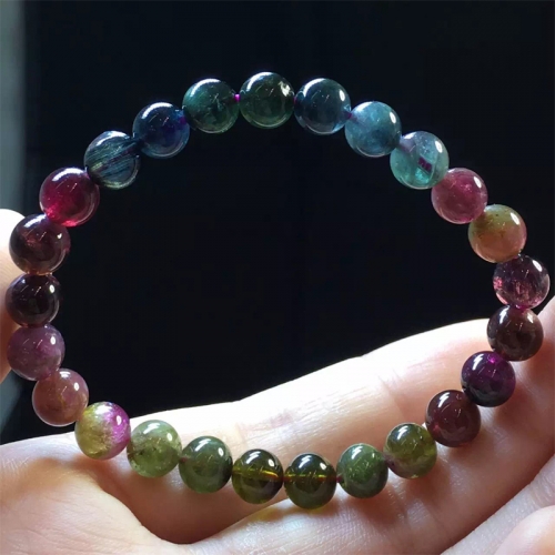 Natural Genuine Mix Colorful Rainbow Purple Red Pink Green Blue Tourmaline Multi-color Stretch Bracelet Round Beads 7mm 04425