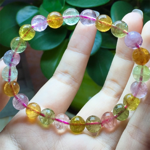 High Quality Natural Genuine Mix Colorful Clear Purple Pink Green Yellow Tourmaline Multi-color Stretch Bracelet Round Beads 04505