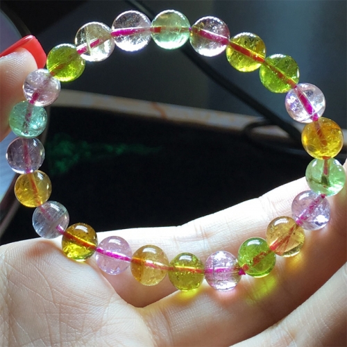 High Quality Natural Genuine Clear Colorful Purple Green Pink Yellow Tourmaline Multi-color Stretch Bracelet Round Big Beads 8mm 04488