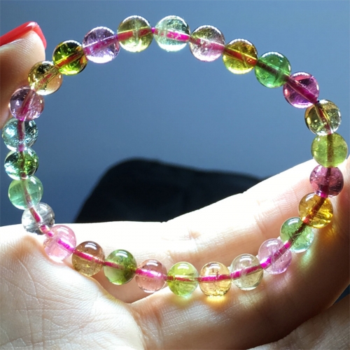 Natural Genuine Colorful Pink Blue Purple Red Clear Afghan Mix Tourmaline Multi-color Stretch Bracelet Round Beads 7mm 04449