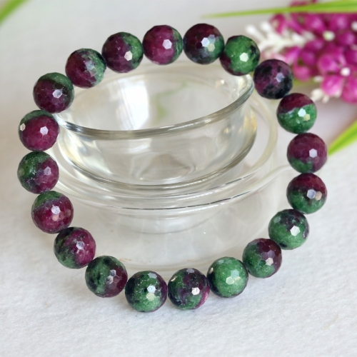 Natural Genuine Half Green Red Ruby Zoisit Stretch Bracelet Faceted Round beads  12mm 04352
