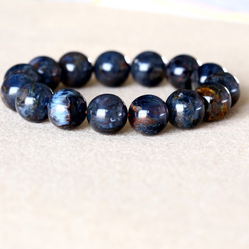AAA High Quality Genuine Natural Gold Blue Pietersite Namibia Stretch Men's Bracelet Round Big Beads 14mm 05051