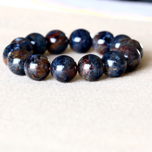 AAA High Quality Genuine Natural Gold Blue Pietersite Namibia Stretch Men's Bracelet Round Big Beads 15mm 05050