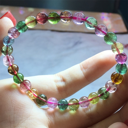 High Quality Natural Genuine Clear Colorful Purple Green Pink Yellow Blue Tourmaline Multi-color Stretch Bracelet Round Beads 6mm 04472
