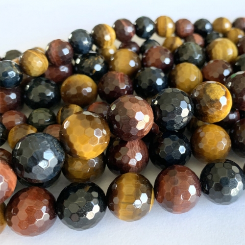15" Wholesale Natural Real Genuine Red Blue Yellow Tiger's Eye Stone Faceted Round Loose Jewelry Necklaces Bracelets Gemstones Beads  6-12mm  06489