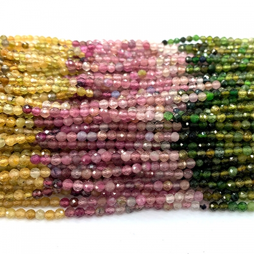15.5 " Veemake High Quality Natural Genuine Gemstones Yellow Pink Green Tourmaline Round Faceted Small making necklaces bracelets jewelry beads 06557