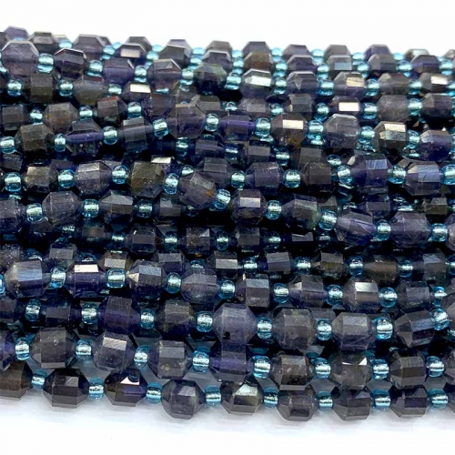 Veemake Natural Genuine Blue Iolite Hard Cut Faceted Sharp Energy Column Loose Makeing Jewelry Bracelets Necklaces Beads 06620