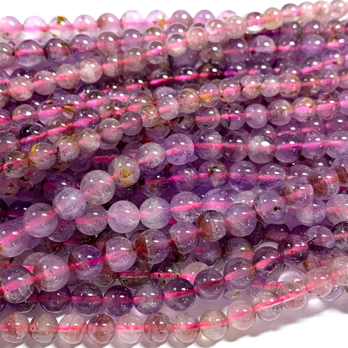 15.5“ Veemake Natural Genuine Purple Red Yellow Cacoxenite Round Loose Gemstone Jewelry Beads Making Necklaces Bracelets  07048