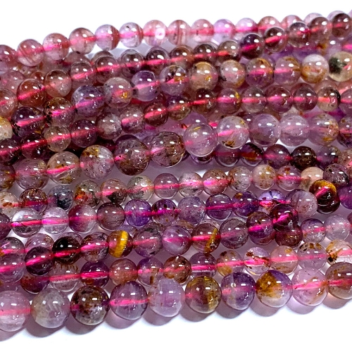15.5“ Veemake Natural Genuine Purple Red Yellow Cacoxenite Round Loose Gemstone Jewelry Beads Making Necklaces Bracelets  07046