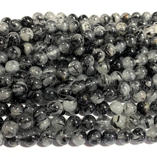 15.5“ Veemake Natural Genuine Black Tourmaline Rutilated Needle Quartz Round Loose Gemstone Jewelry Beads Making Necklaces Bracelets  07032