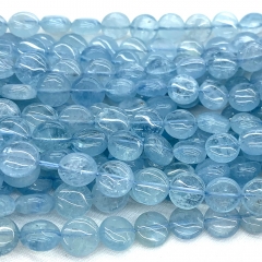 15.5" Veemake Natural Genuine Top High Quality Clear Blue Aquamarine Flat Coin Disc Loose Gemstone Jewelry Beads Making Necklaces Bracelets  07072