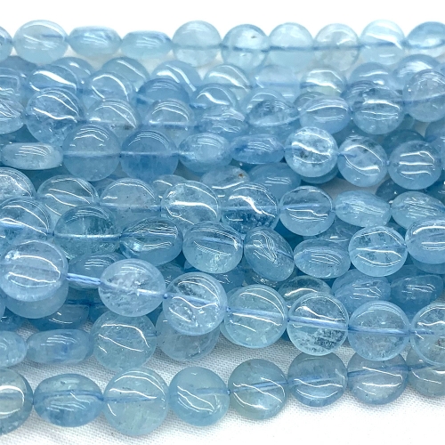 15.5" Veemake Natural Genuine Top High Quality Clear Blue Aquamarine Flat Coin Disc Loose Gemstone Jewelry Beads Making Necklaces Bracelets  07072