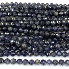 15.5 " Veemake Natural Genuine Gemstones Dark Blue Iolite Round Faceted Making Necklaces Bracelets Jewelry Beads 07265