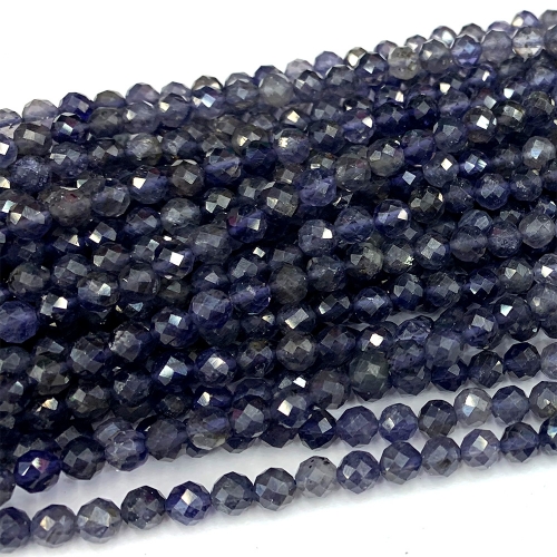 15.5 " Veemake Natural Genuine Gemstones Dark Blue Iolite Round Faceted Making Necklaces Bracelets Jewelry Beads 07282
