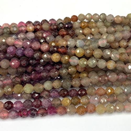 15.5 " Veemake Natural Genuine Gemstones Red  Yellow Sapphire Ruby Round Faceted Making Necklaces Bracelets Jewelry Beads 07320