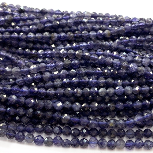 15.5 " Veemake Natural Genuine Gemstones Clear Dark Blue Iolite Round Faceted Small making necklaces bracelets jewelry beads 07440