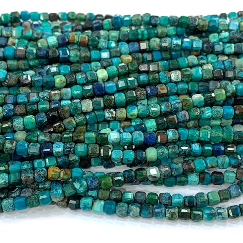 15.5 " Veemake Natural Blue Green Chrysocolla Edge Cube Faceted Small Jewelry Design Necklaces Bracelets Loose Beads 3mm 07523