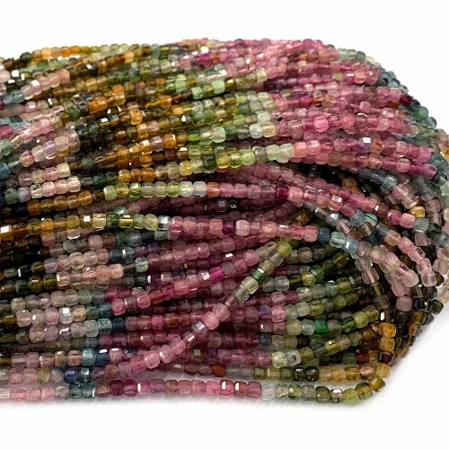 15.5 " Veemake Natural Pink Red Blue Green Yellow Tourmaline Edge Cube Faceted Small Jewelry Design Necklaces Bracelets Loose Beads 07582