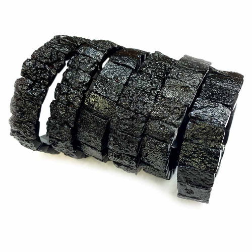Natural Genuine Raw Mineral  Black Tektite Flat Rectangle Rough Matte Stretch Bracelet Jewelry Beads 07593