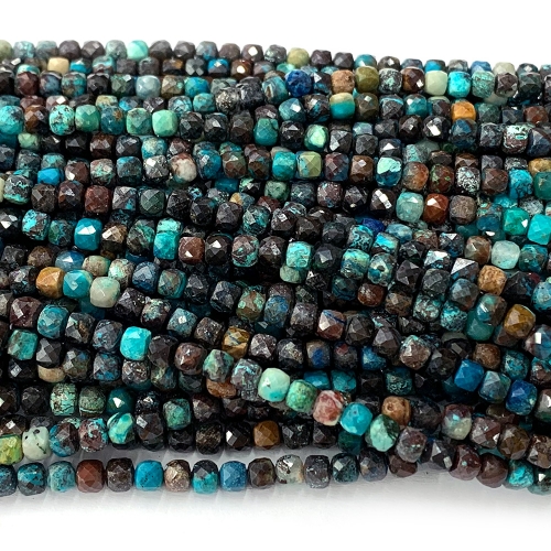 15.5 " Veemake Natural Stone Real Genuine Brown Blue Green Chrysocolla Azurite Cube Faceted Small Jewelry Beads 07636