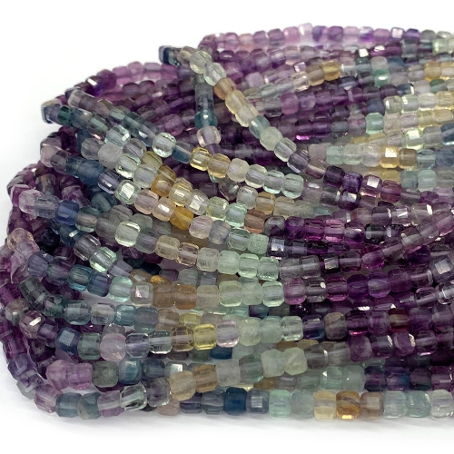 15.5 " Veemake Natural Stone Genuine Gemstone Green Flue Purple Fluorite Edge Cube Faceted Small Jewelry Necklaces Bracelets Loose Small Beads 07659