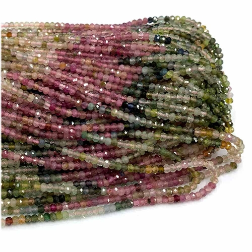 15.5 " Veemake Natural Genuine Yellow Green Pink Tourmaline Faceted Small Rondelle Loose Jewelry Beads 07801