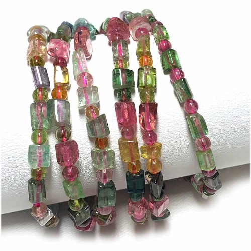 High Quality Natural Genuine Clear Colorful Green Pink Tourmaline Multi-color Bracelet Nugget Round beads 5x7mm 07799