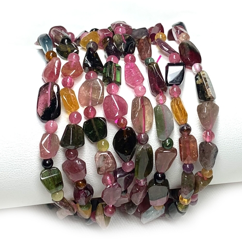 High Quality Natural Genuine Clear Colorful Green Pink Tourmaline Multi-color Bracelet Nugget Round beads 07817