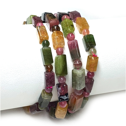 High Quality Natural Genuine Clear Colorful Yellow Green Pink Watermelon Tourmaline Multi-color Bracelet Rectangle Cube Round beads 07818