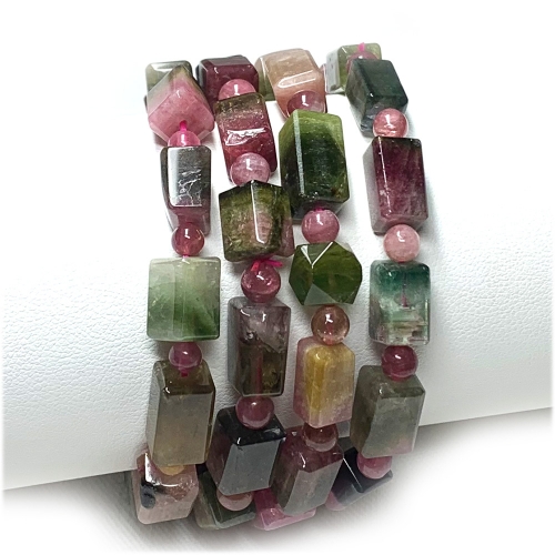 High Quality Natural Genuine Clear Colorful Yellow Green Pink Watermelon Tourmaline Multi-color Bracelet Rectangle Cube Round beads 07819