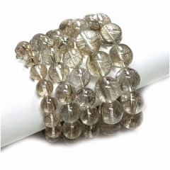 High Quality Natural Genuine Silver Rutile Needle Hair Quartz Men's Bracelet Bracelets Round Loose Beads 07832