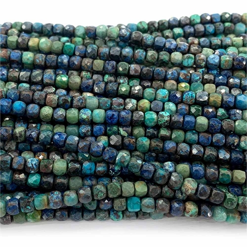 Natural Stone Genuine Gemstone Blue Green High Quality Azurite Cube Faceted Small Jewelry Necklaces Bracelets Small Beads 07854