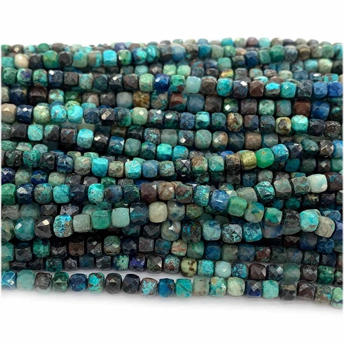 15.5 " Veemake Natural Stone Real Genuine Blue Green Chrysocolla Cube Faceted Small Jewelry Beads 07853