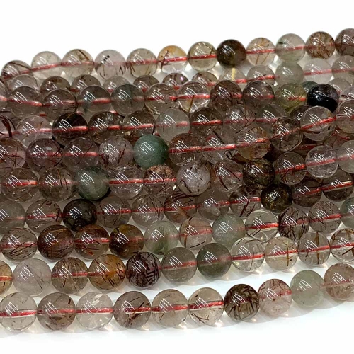 Natural Genuine Clear Red Rutile Needle Hair Quartz Crystal Jewelry Gemstones Round Loose Bracelet Necklace Beads 15.5" 07855