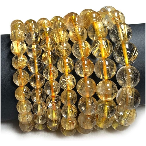 Veemake Natural Genuine Clear Yellow Gold Hair Rutile Quartz Stretch Men's Bracelet Round Loose Beads 07882