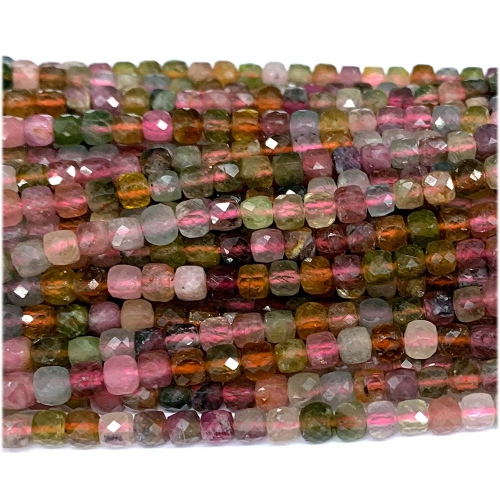 Veemake Natural Stone Real Genuine Multicolor Red Pink Tourmaline Cube Faceted Small Jewelry Beads 07959