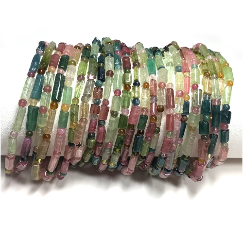 High Quality Natural Genuine Clear Colorful Yellow Green Pink Blue Tourmaline Multi-color Bracelet Nugget Tube  Round beads 07973