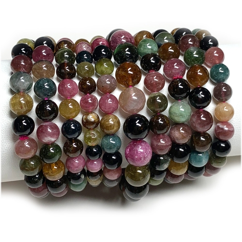 Natural Genuine Clear Colorful Yellow Green Pink Blue Tourmaline Multi-color Bracelet Round beads 08022