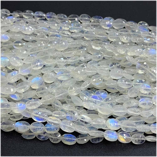 Veemake Natural Stone Genuine Gemstone High Quality Blue White Moonstone Faceted Flat Oval Jewelry Necklaces Bracelets Loose Small Beads 08153