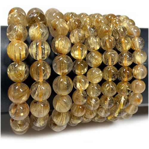 Veemake Natural Genuine Clear Yellow Gold Hair Rutile Quartz Stretch Men's Bracelet Round Loose Beads 08067